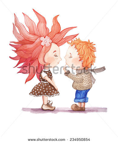 Girl and boy in anticipation of a kiss. A guy in a sweater, jeans. Girl in polka-dot dress. Watercolor painting on white background for gree #design #drawing #ilustration #people