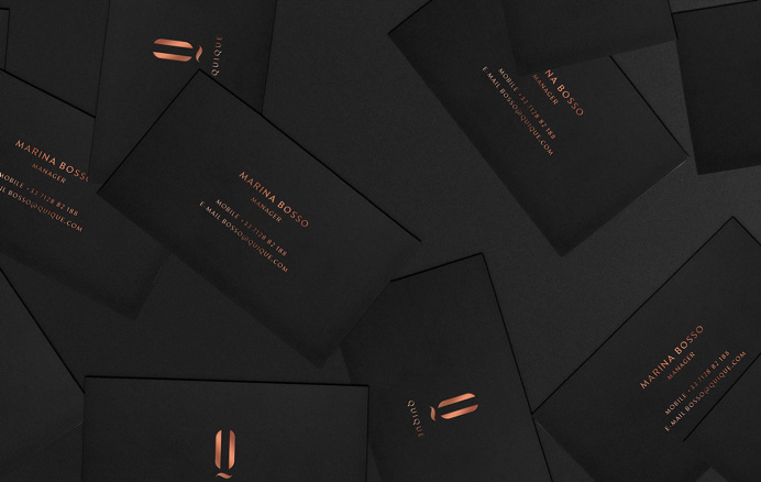 QUIQUE cosmetics copper black dark gold golden logo logotype branding corporate design identity business card print letter letterhead moder