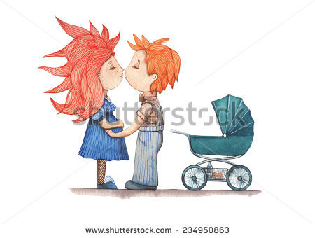 Boy and girl kissing. Pregnant woman in a green dress, the guy next to stroller worth it. Watercolor painting on white background for postca #design #drawing #ilustration #people