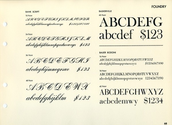 This type specimen shows Bank Script, Fry's/ATF Baskerville, and Bauer Bodoni. #type #specimen #font #typography