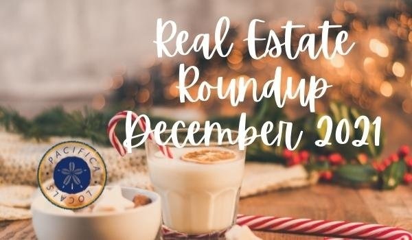 christmas scene with sweets in the foreground and lights in the background plus text Real Estate Roundup December 2021