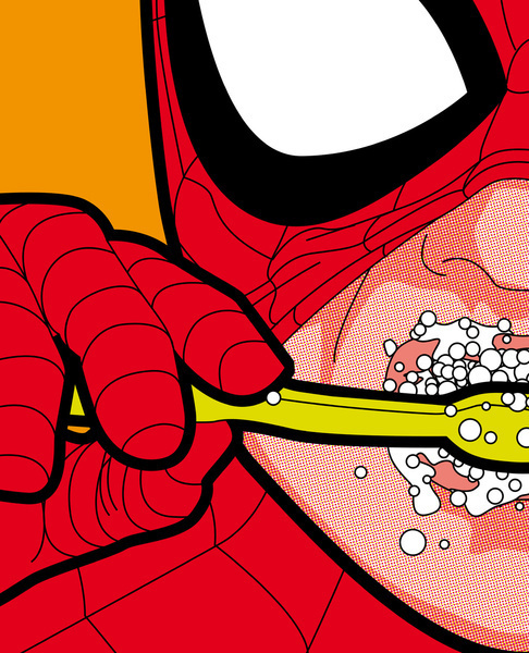 The secret life of heroes SpiderBrush Art Print #teeth #secret #heroes #spiderman #graphic #comic #illustration #brush #life