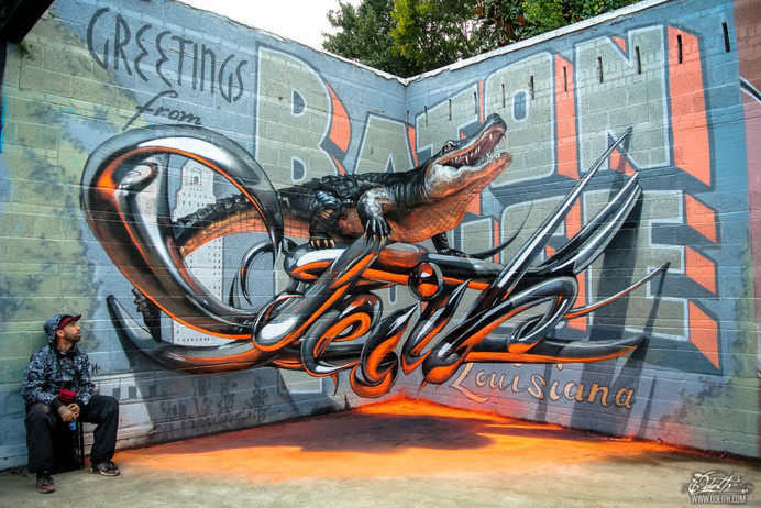 Odeith aligator stading on Anamorphic 3d chrome letters Greetings from Baton Rouge #graffiti #anamorphic #odeith