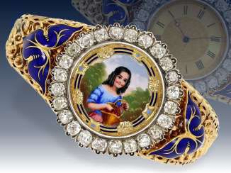 Armband: einzigartiges, antikes Gold-/Emaillearmband mit integrierter Uhr und äußerst hochwertigem Besatz mit Altschliffbrillanten