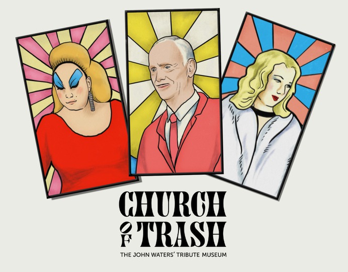 As part of the nod to the museum's name, the identity includes illustrations in the style of stained-glass windows of Waters and some of his closer collaborators; Divine and Mary Vivian Pearce.