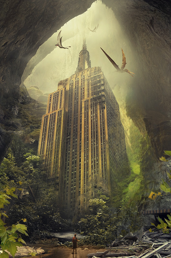 Empire State Matte Painting on Behance #overgrown #pterosaur #dystopia #flight #pterodactyl #empire #illustration #painting #state #time #dinosaur #future #jungle