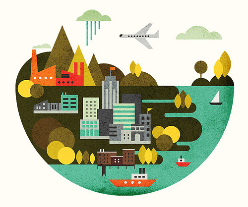 Between Sea & Sky - Parko Polo Edward McGowan / Colagene.com #water #cloud #sky #tree #city #weahter #map #geometric #illustration #plane #marina #boat #sail #collage