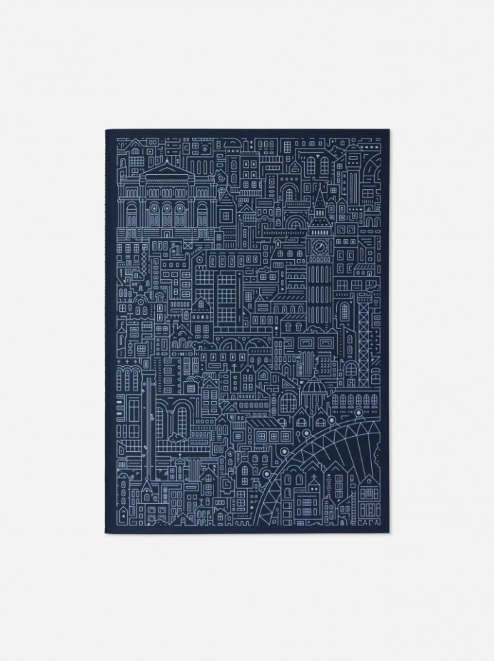 book cover, cityscape in lines