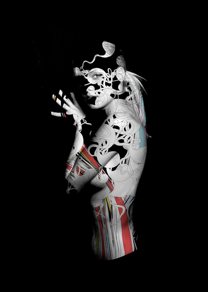 alberto seveso cuadro de mujer fotografiada e ilustrada en blanco y negro