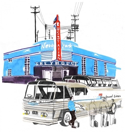 Kerouac : Holly Wales #city #marker #ilustration #bus #greyhound
