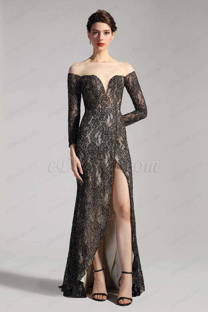 eDressit V Neckline Sleeves High Slit Prom Party Gown (26201300)