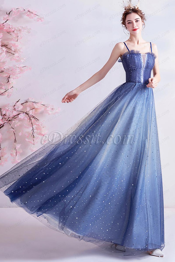 eDressit Blue Spaghetti Straps Shiny Tulle Evening Prom Dress (36226805)