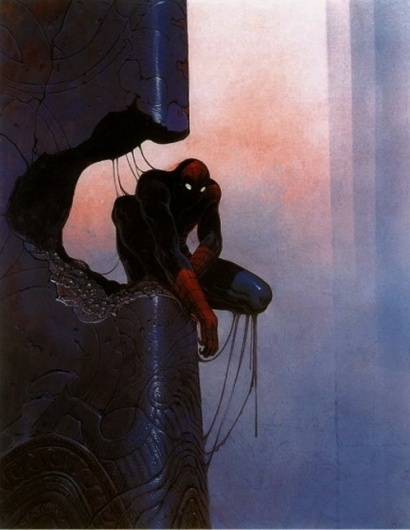 this isn't happiness™ (Spidey, Moebius), Peteski #slime #spiderman #illustration #shadow #column
