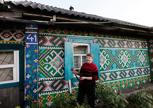 house decorated with plastic bottle caps #exterior