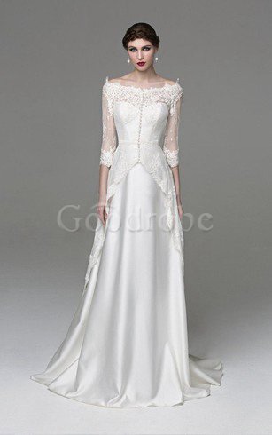 Robe de mariée humble en satin d'epaule ecrite avec manche 3/4 avec lacets