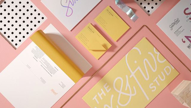 Business card design idea #292: Six And Five Branding – Fubiz™ #business #pink #yellow #identity #letterhead #cards