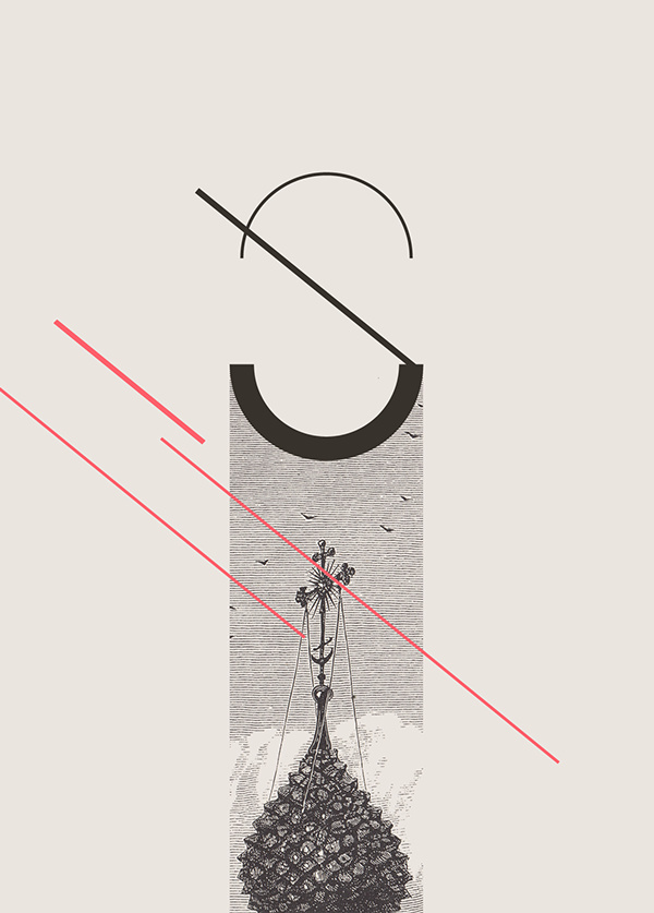 Type mixed with graphic and old etching visuals.