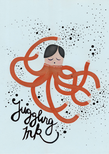 Michelle Carlslund illustration JugglingÂ Ink! #ocean #ink #handlettering #water #nordic #juggling #danish #octopus #arms #sea #scandinavian #cute #children #splash #multitasking