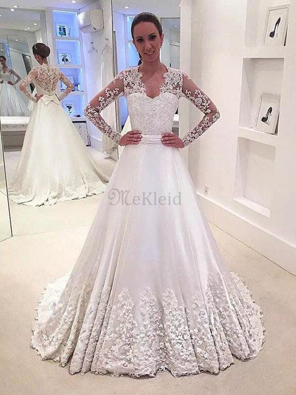 Prinzessin Normale Taille A-Linie Satin Lange Ärmeln Brautkleid