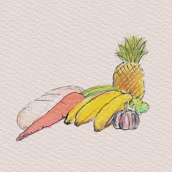 watercolor, markers veggies