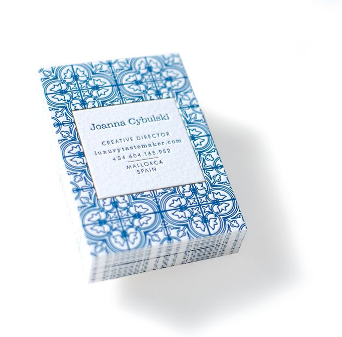 Letterpress Business Cards with Gold foil frame and Mediterranean tile ornament