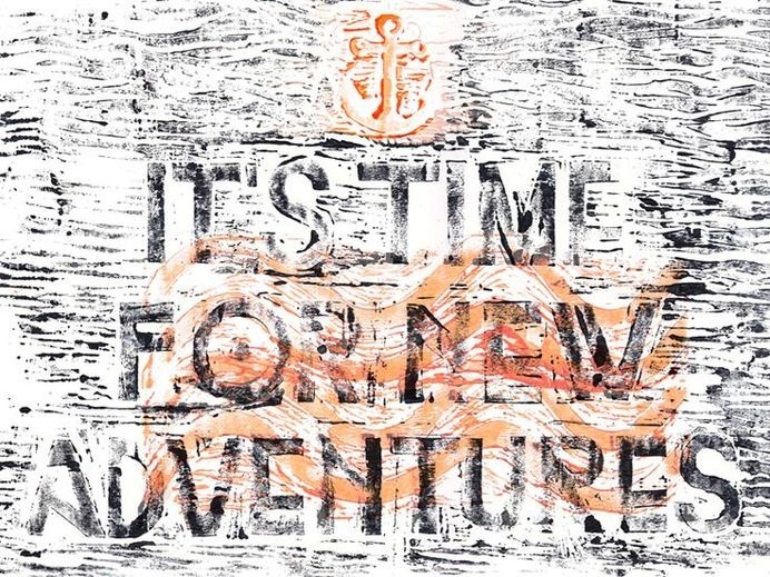 #adventures #waves #neon #typography #anchor #linoleum print #blue
