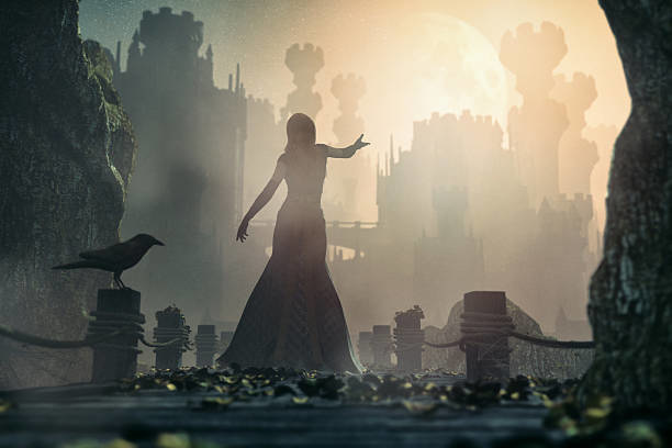 Fairytale princess standing in front of old castle at night