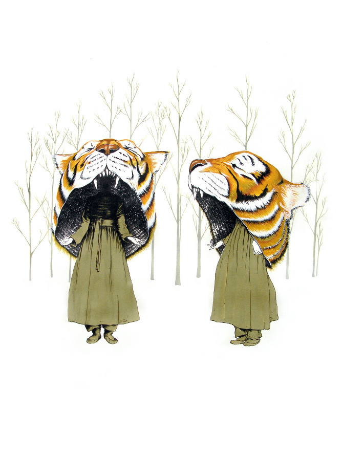 Aaron McConomy / colagene.com #drawing #hand #hide #illustration #forest #tiger