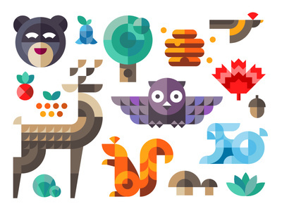 Magic forest #flat #deer #owl #tree #nuts #icon #squirrel #acorn #bear #forest #rabbit
