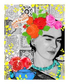 Frida Kahlo Winking Viva La Vida Print Mixed Media Original Photomontage Modern Home Decor Roses Persimmon Tequila Orange Turquoise Necklace on Etsy, £8.57
