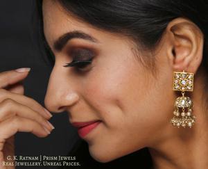 23k Gold and Diamond Polki Square Tops and Jhumki Earring Pair with antiqued freshwater pearls - gold diamond polki kundan meena jadau jewellery