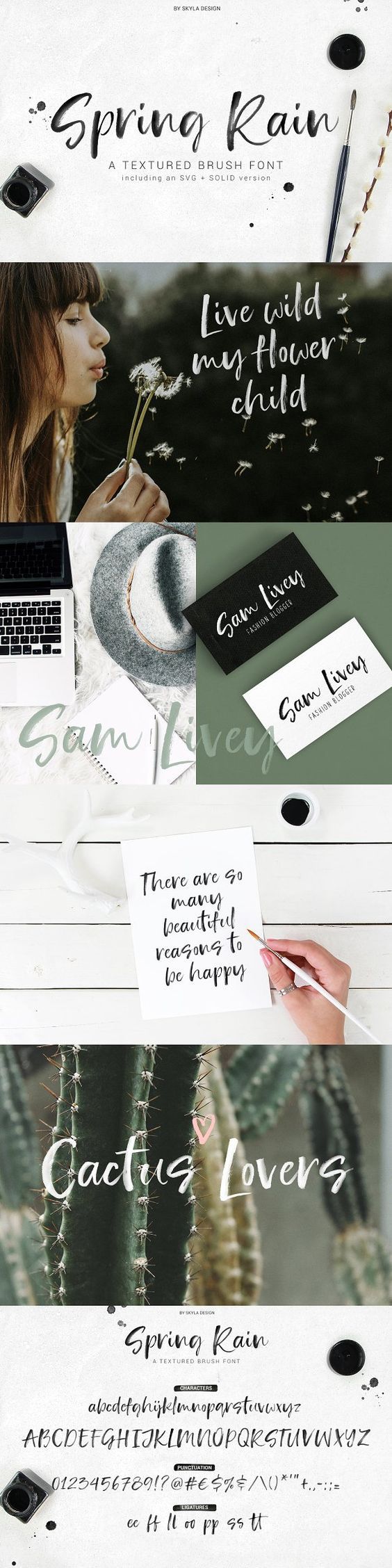 Beautiful watercolour font SpringRain SVG watercolor brush font by Skyla Design Spring Rain is a trendy brush font with lots of texture and style. This font comes in both an SVG font where all that yummy watercolor texture is included and also comes in a solid version. Spring Rain will look awesome on all your branding materials, logo's, cards, quotes, and any other amazing projects you are working on.