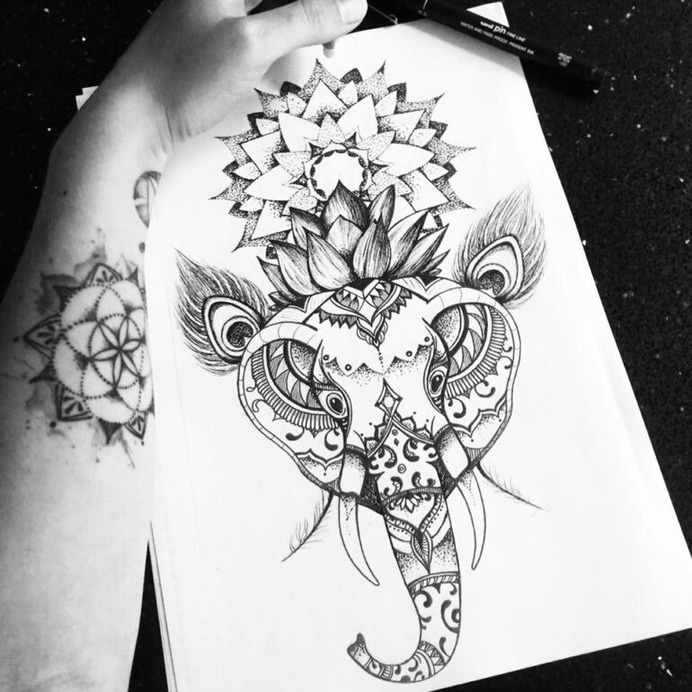 Elephant lotus mandala tattoo design