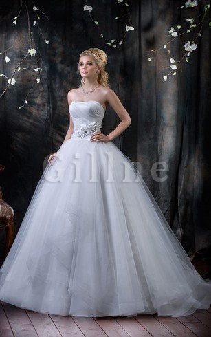 Abito da Sposa con Festone in Tulle Naturale Allacciato Lungo