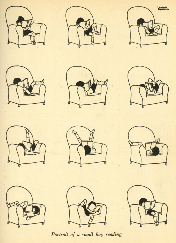 Stephen Kroninger Gluyas Williams #boy #book #illustration #reading #armchair