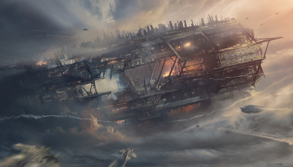 The Crash of the Old Titan by Grivetart #crash #design #fi #sci #space #destruction #spaceship #mist #mechanical #art #titan #future