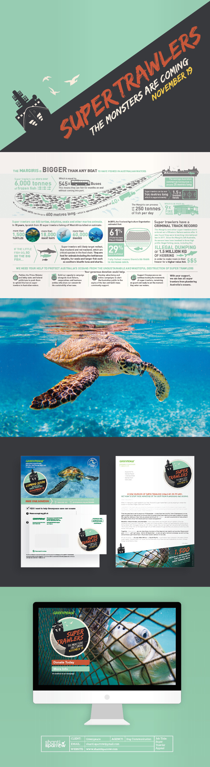 Design by Shanti Sparrow Client: Greenpeace Project Name: Super Trawler Appeal #Design #graphicdesign #illustration #layout #environmental#