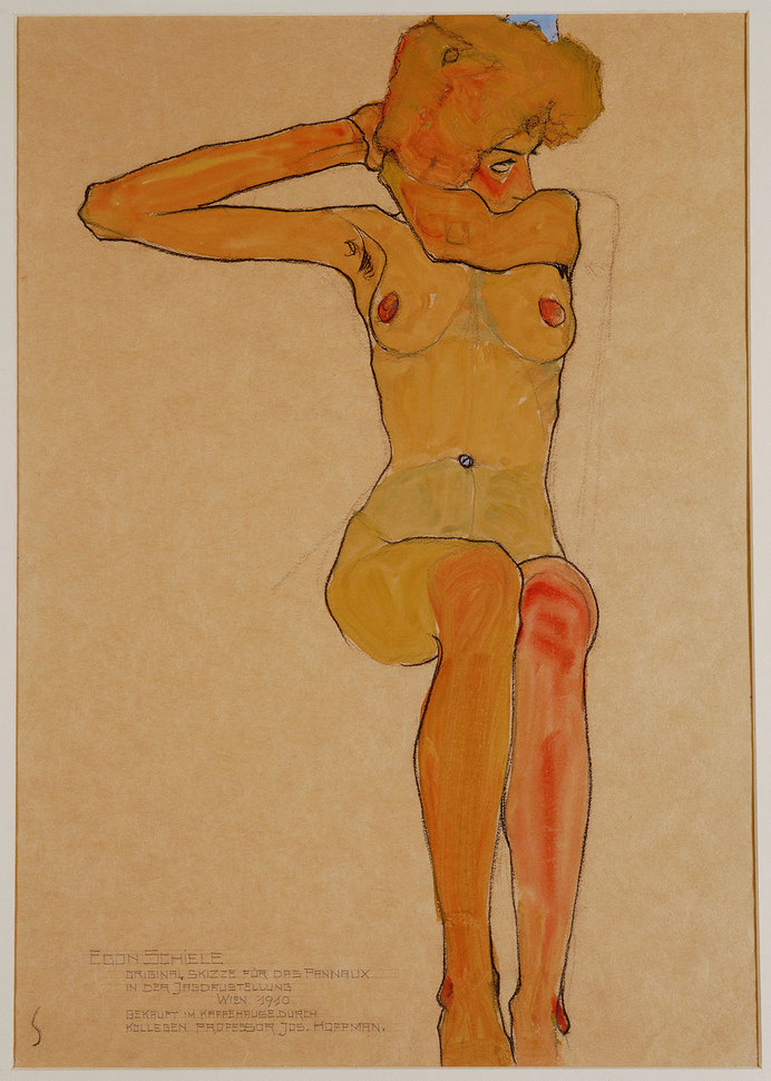 Egon Schiele, Seated Female Nude with Raised Arm (Gertrude Schiele), 1910 #illustration #life drawing #study #woman #nude #sketch #female #s