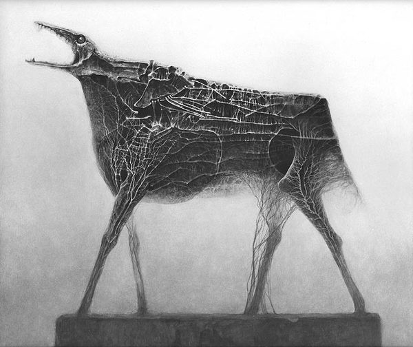 Zdzisław Beksiński dark horse #dark #black #white #painting
