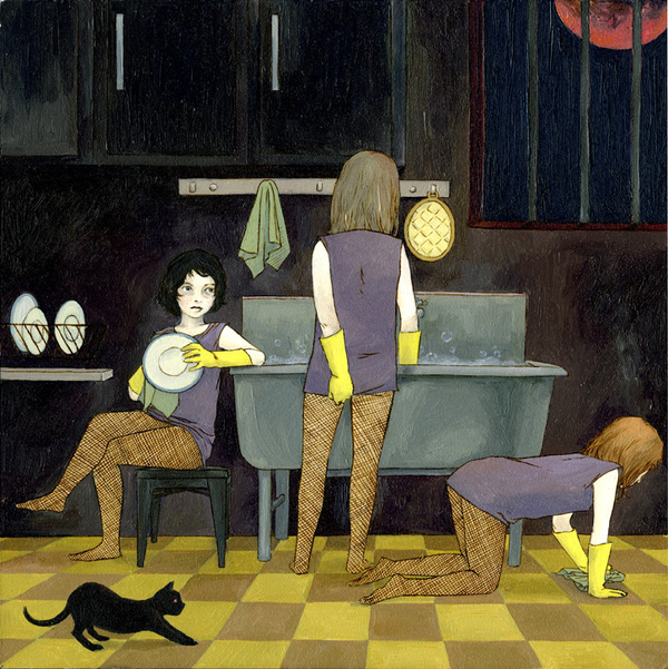 Washroom, Jen Tong #illustration #dishwashers #cat #girls