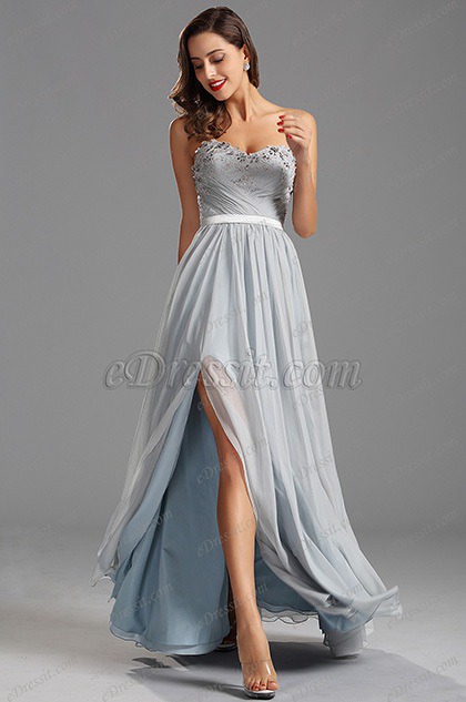 Strapless Sweetheart Slit Evening Dress with Lace Applique (00160208)