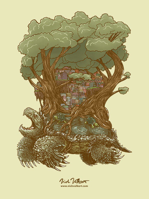A giant snapping turtle, trudging through murky waters with an entire civilization on its back! It's the Atlas! Colorized an old epic piece. Now REBORN!