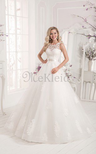 A linie Ärmelloses Zickzack Ausschnitt Brautkleid mit Bordüre mit Kristall