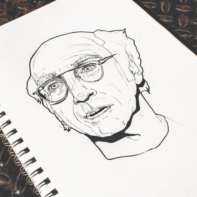 Larry David – Ilustrasi Pena & Tinta oleh Timothy McAuliffe.  Van Emas™