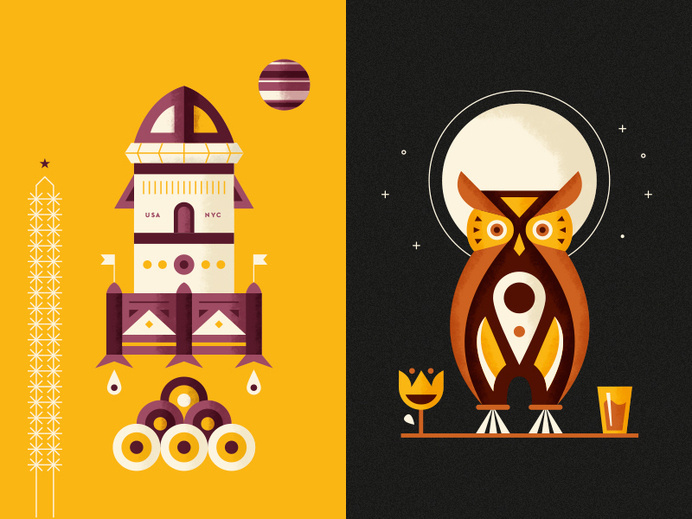 Kaffe 1668 - Juice Labels #water #owl #wine #illustration #rocket #planets #flags