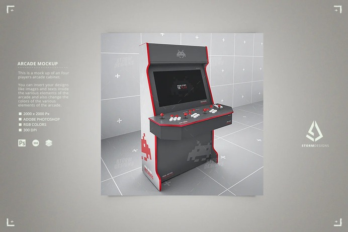 Retro Gaming Arcade Cabinet Mockup Four Players Template
