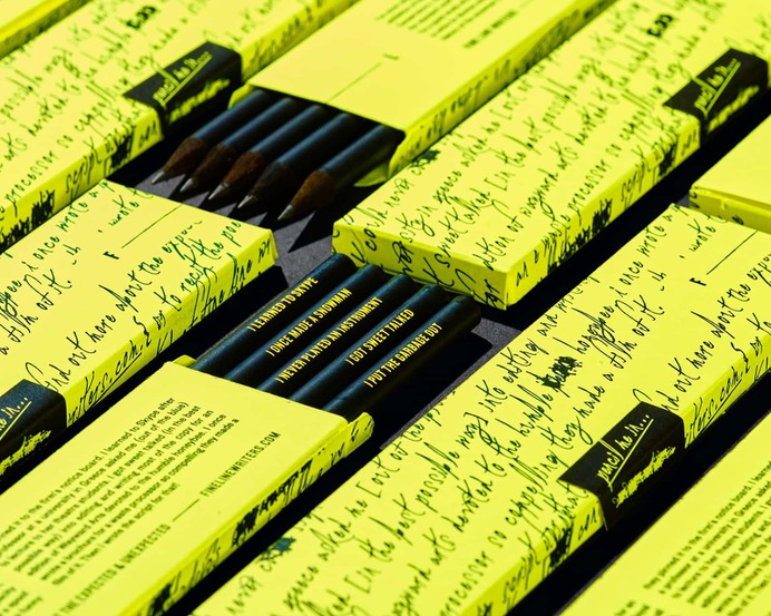 Fine Line Writers Identity - Mindsparkle Mag The White Room created an identity and direct mail piece making use of a vibrant yellow. Central to the mailer was a box of all-black pencils, each inscribed with wording referencing some special project the writer had completed in the past. #logo #packaging #identity #branding #design #color #photography #graphic #design #gallery #blog #project #mindsparkle #mag #beautiful #portfolio #designer