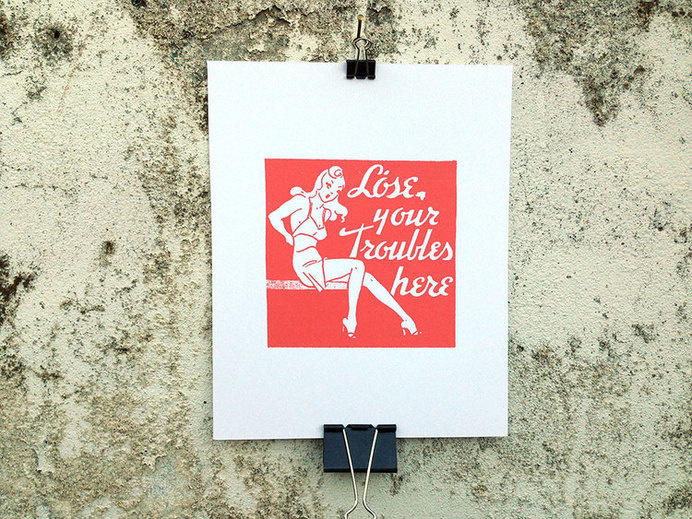 Lose Your Troubles Here - 8 x 10 Mini Poster #kitsch #retro #girlie #illustration #vintage #etching #matchbook #art #burlesque