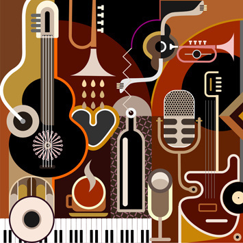 Abstract Music Background - vector illustration. Collage with musical instruments. #bottle #drink #alcohol #musical #glass #illustration #music #abstract #guitar #background #white #mic #trumpet #jazz #design #restaurant #brown #gray #coffee #party #piano #drum #m #cup #grey #keyboard #black #microphone #cafe #art #nightclub #instruments #cocktail