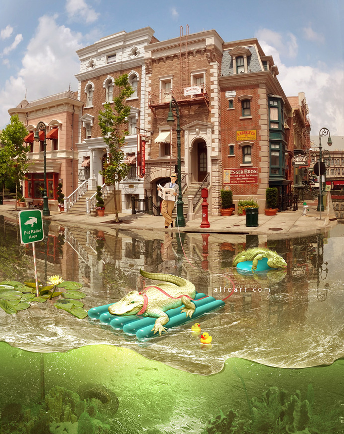 Surreal Comic Scene with Reptiles. Crocodile Promenade. 3D pool float model. Man walking with the crocodile. #surreal #underwater #crocodile